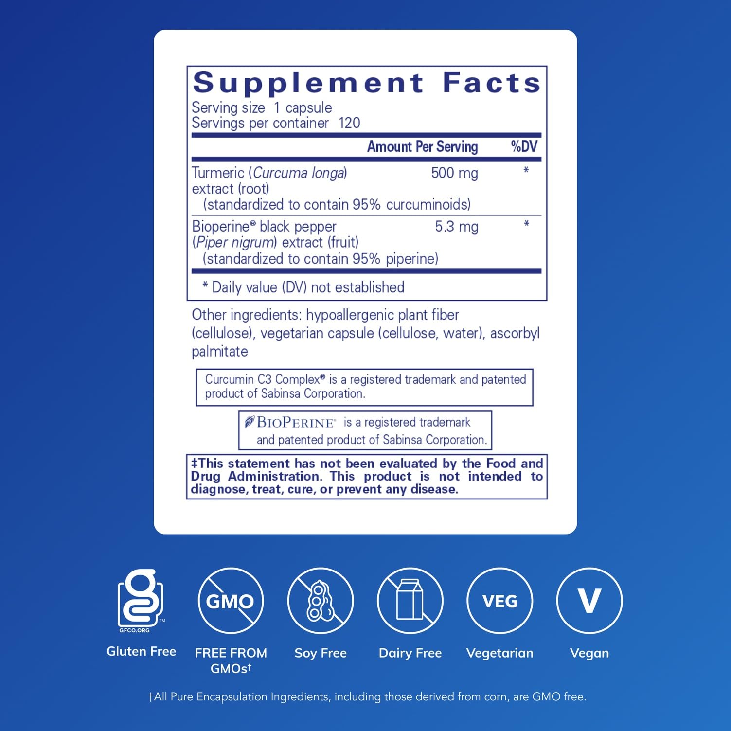 Pure Encapsulations Curcumin 120 capsules supplement label
