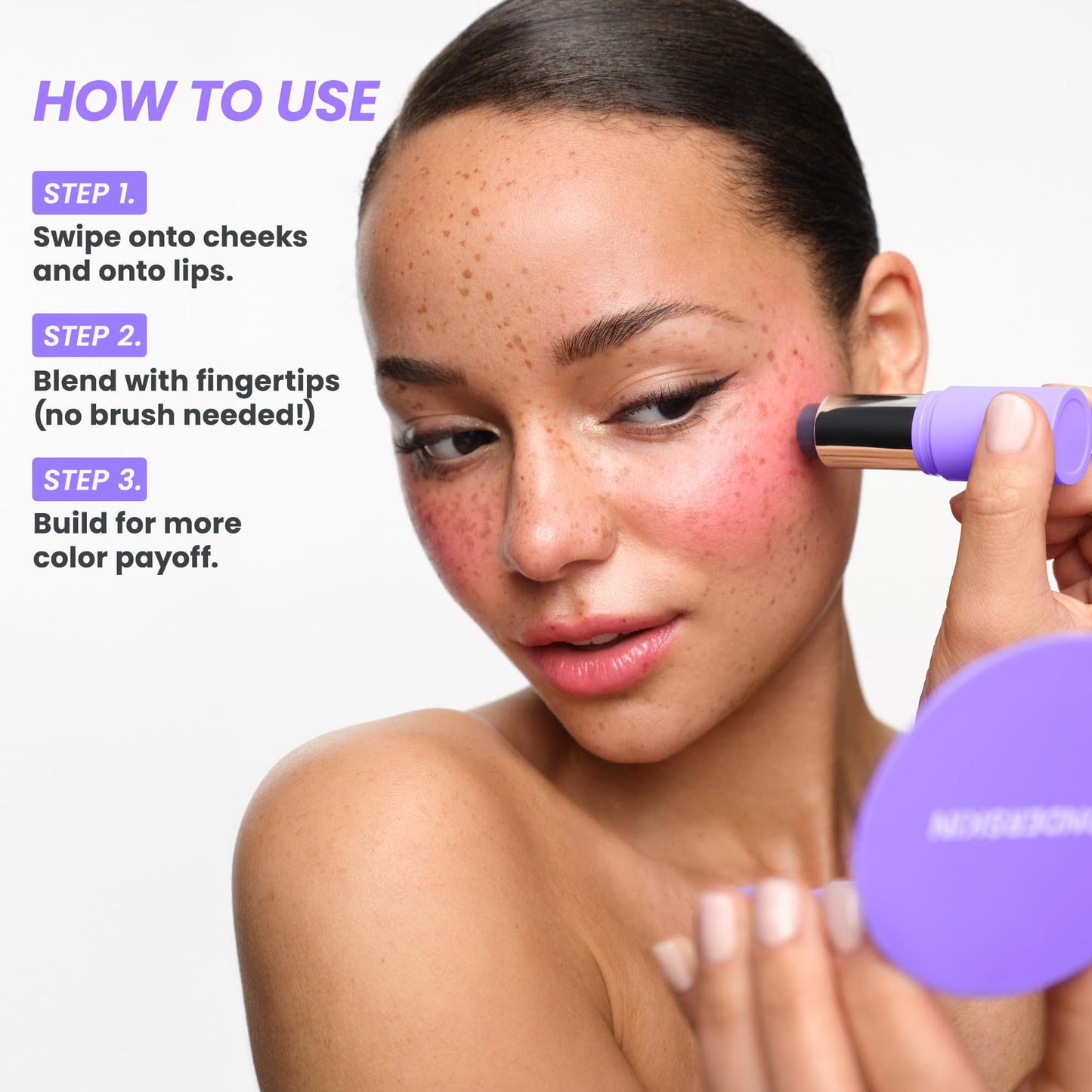 Wonderskin multi-use lip and cheek tint demonstrating buildable personalized pink makeup color payoff.