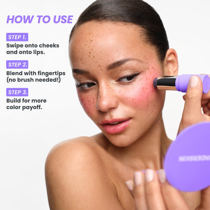 Wonderskin multi-use lip and cheek tint demonstrating buildable personalized pink makeup color payoff.