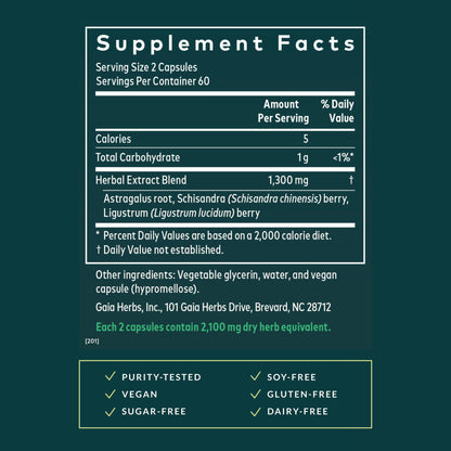 Vegan liquid phyto capsules of Gaia Herbs Astragalus Supreme showing the dark concentrated herbal extract