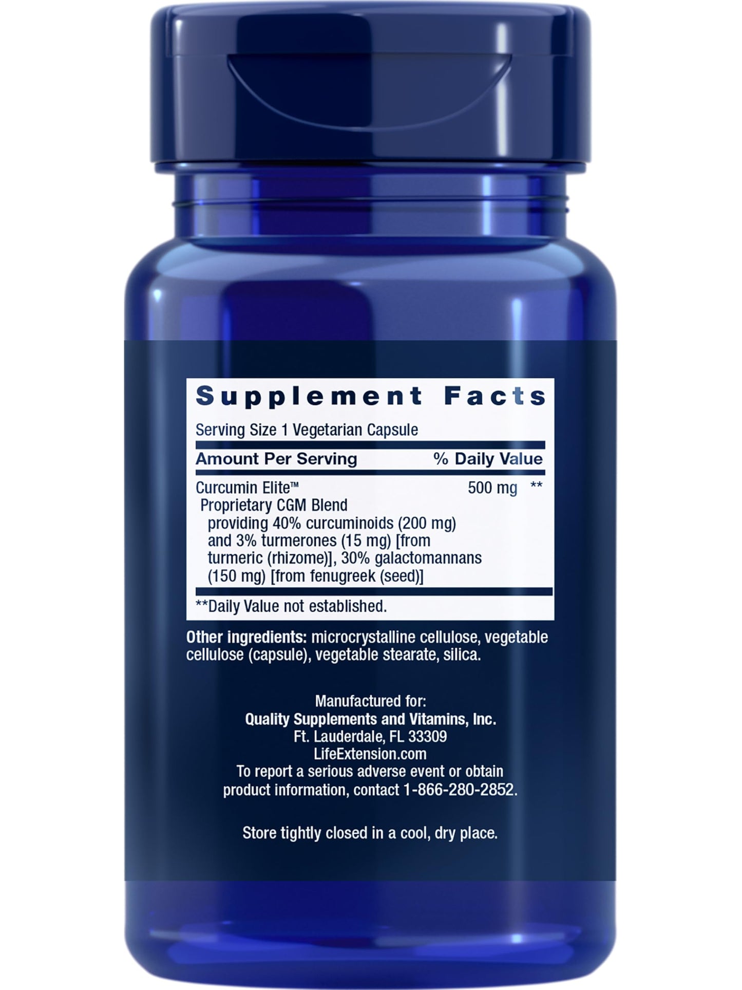 Life Extension Curcumin Elite 60 vegetarian capsules label details
