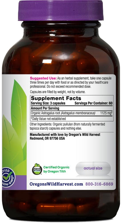Oregons Wild Harvest Astragalus supplement nutritional facts and organic ingredient label panel