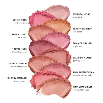 Laura Geller Baked Blush N Brighten swatches demonstrating the luminous pink color payoff on skin.