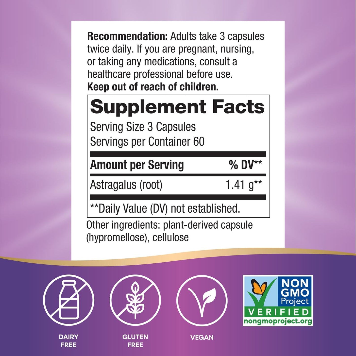 Nature's Way Astragalus Root supplement bottle showing supplement facts and ingredient list.