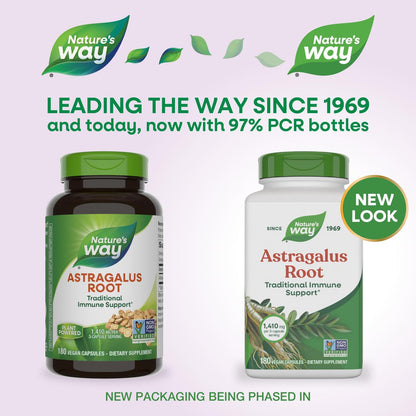 Non-GMO Project Verified and TRU-ID Certified seals on Nature's Way Astragalus capsules bottle.