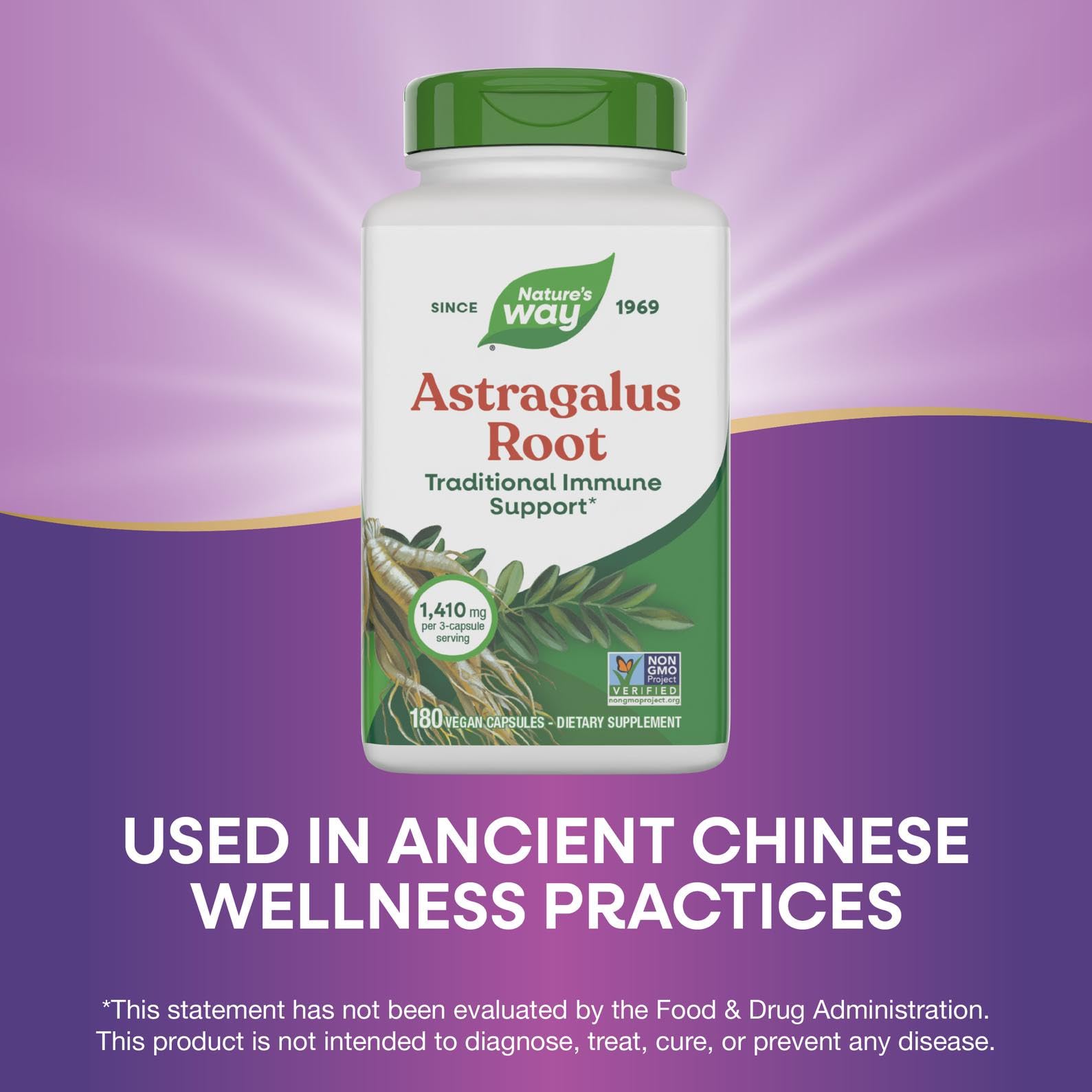 Close-up of authentic USA imported Nature's Way Astragalus Root capsule product label details.