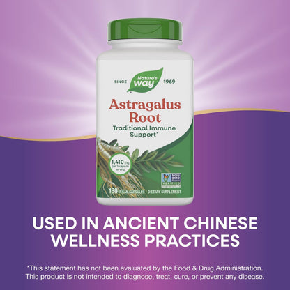 Close-up of authentic USA imported Nature's Way Astragalus Root capsule product label details.