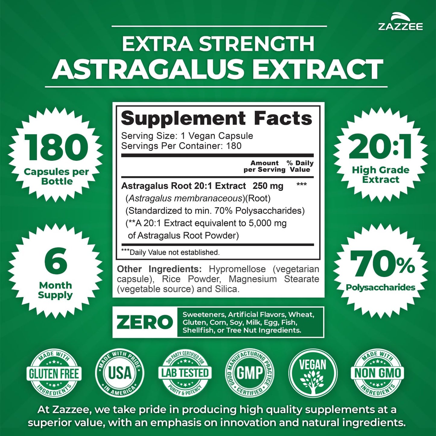 Zazzee Astragalus 20 to 1 root extract supplement facts label details