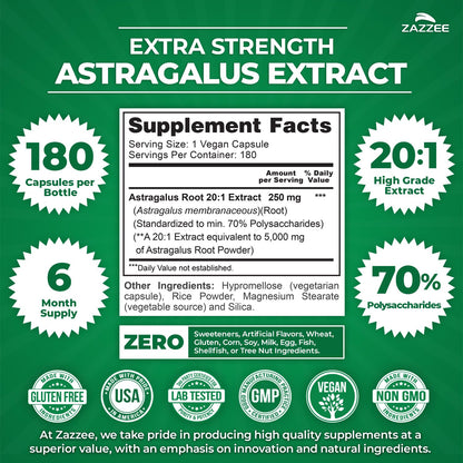 Zazzee Astragalus 20 to 1 root extract supplement facts label details