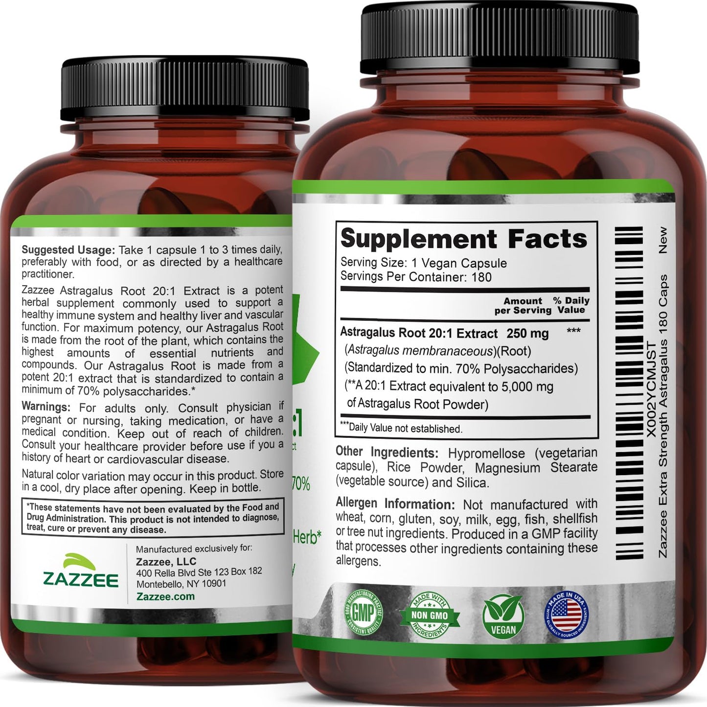 Zazzee Astragalus root extract authentic pure herbal formulation bottle back