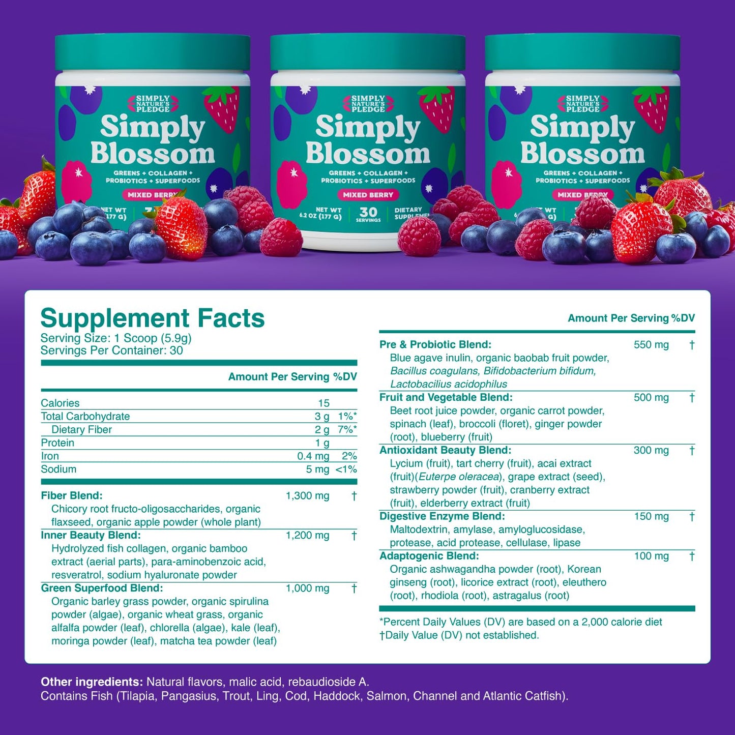 Simply Blossom superfood powder nutrition label and ingredients listing