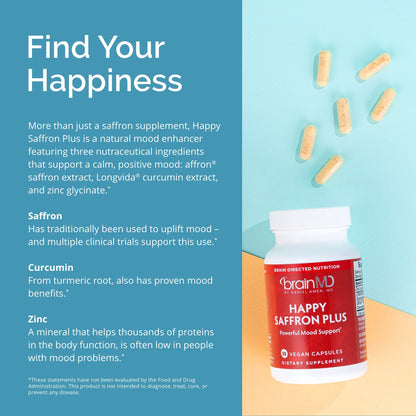 BrainMD Happy Saffron Plus clinical ingredients label