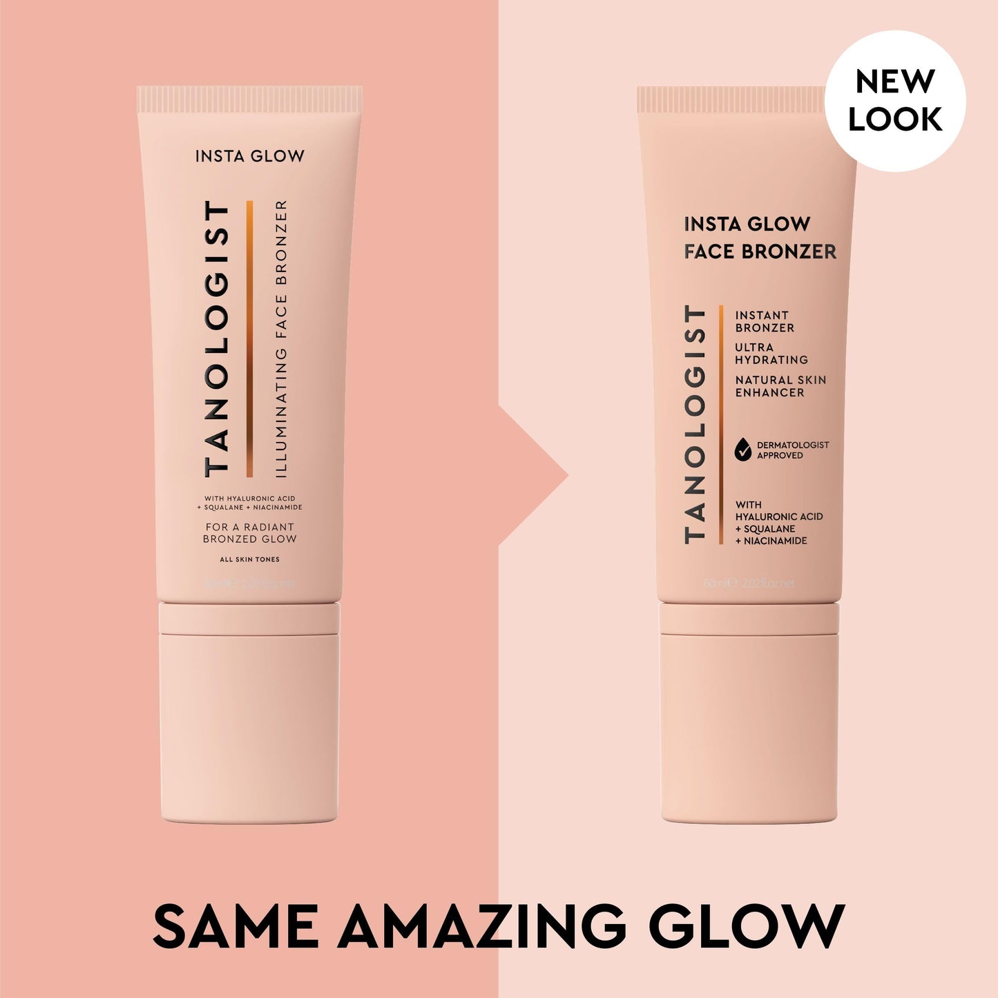 Tanologist illuminating face bronzer tube resting on a white surface highlighting the skincare benefits.