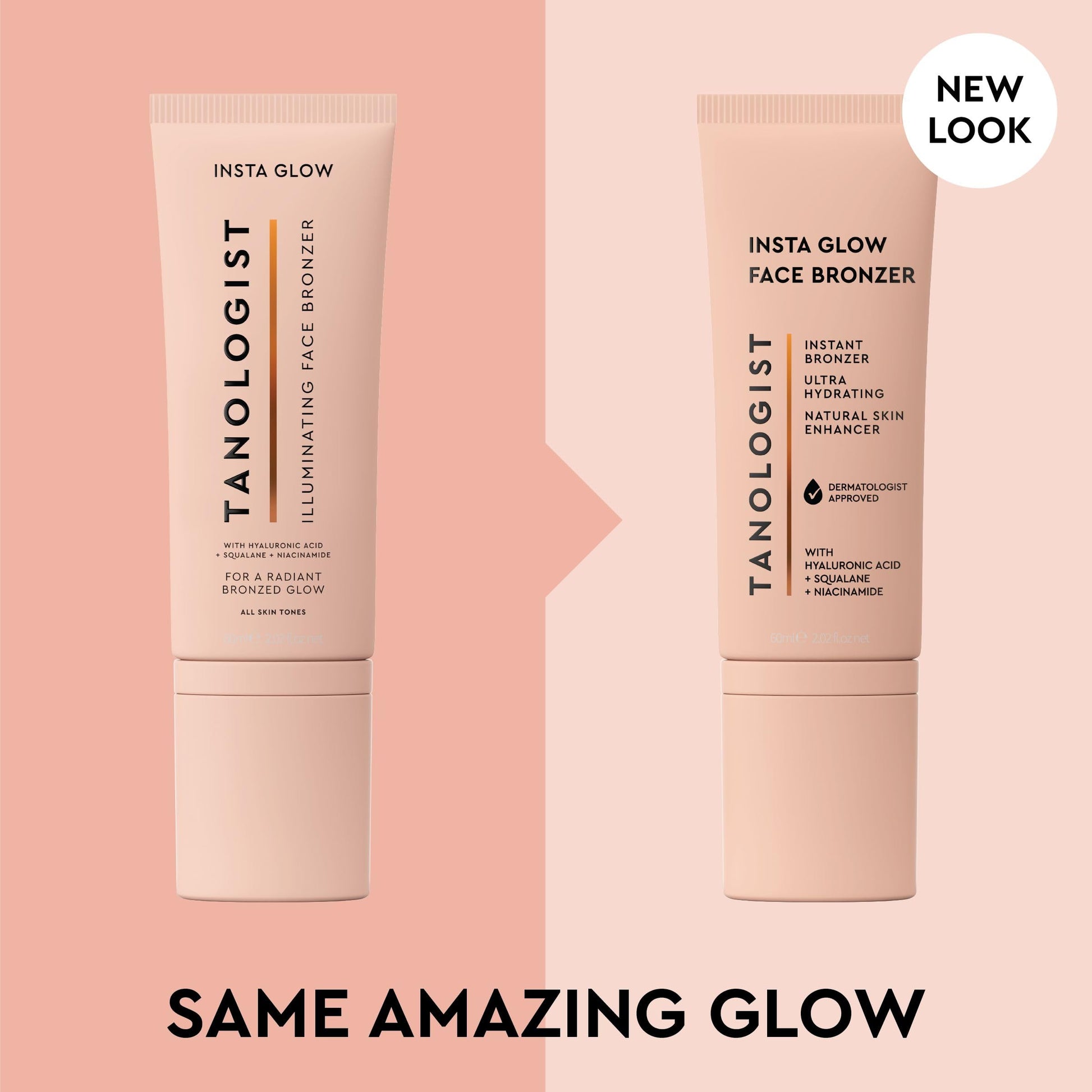 Tanologist illuminating face bronzer tube resting on a white surface highlighting the skincare benefits.