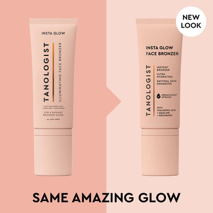Tanologist illuminating face bronzer tube resting on a white surface highlighting the skincare benefits.