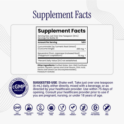 Liquid liposomal curcumin and resveratrol supplement packaging