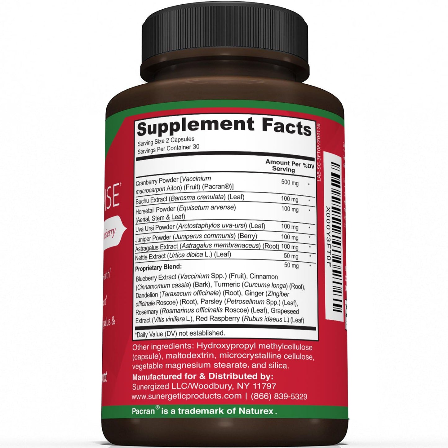 Sunergetic Kidney Cleanse formula showing organic cranberry extract and astragalus ingredient details on the side label
