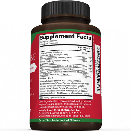 Sunergetic Kidney Cleanse formula showing organic cranberry extract and astragalus ingredient details on the side label
