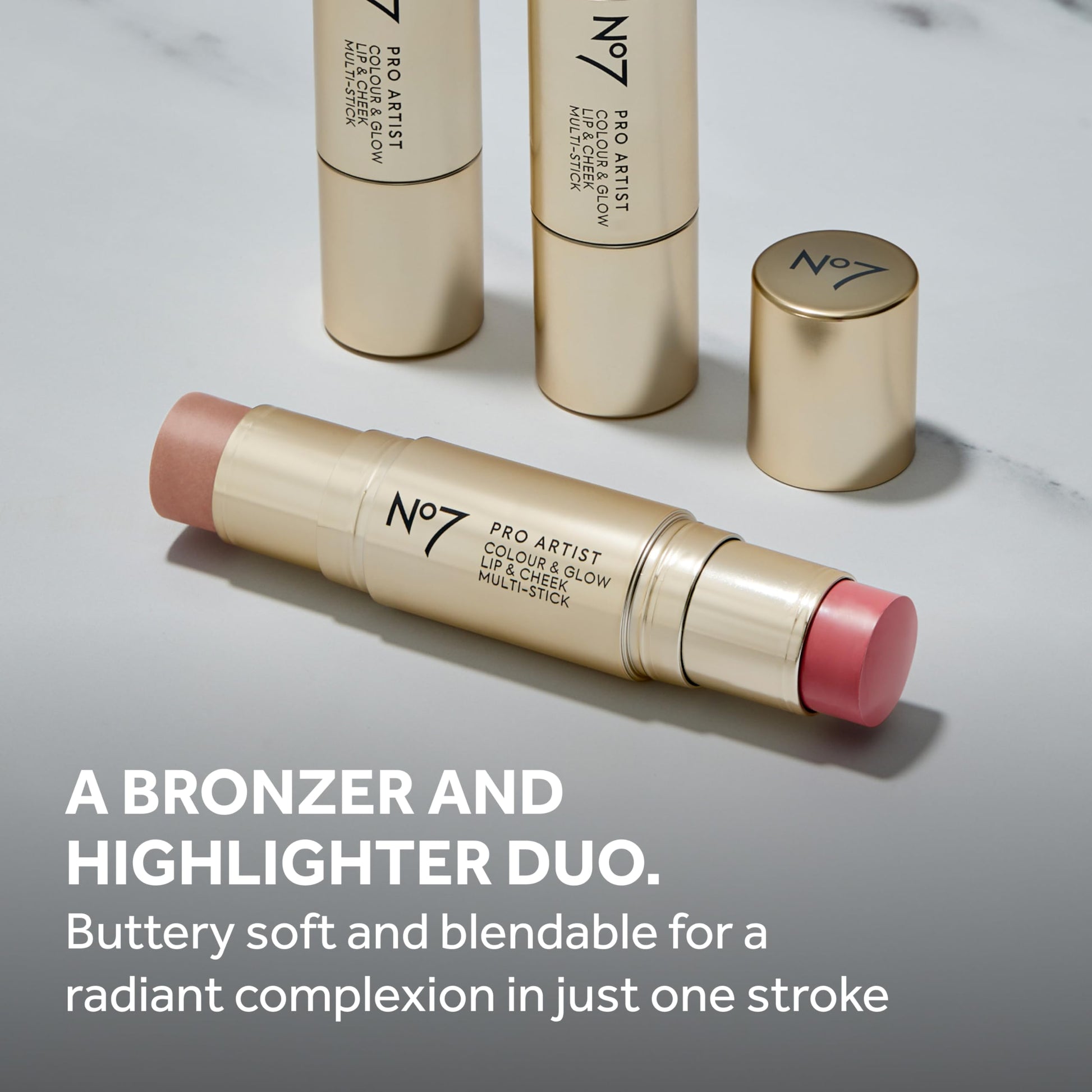 No7 Champagne Glow highlighter stick end open showing luminous cream formula texture.