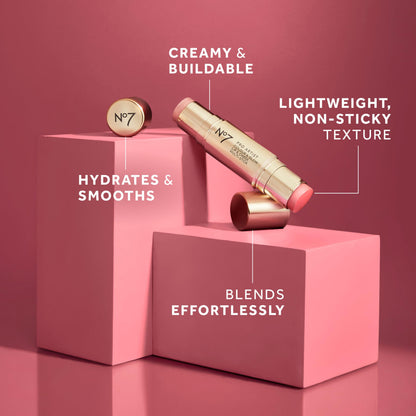 Close up view of No7 Pro Artist Bronze and Glow multi stick showing ingredients label.