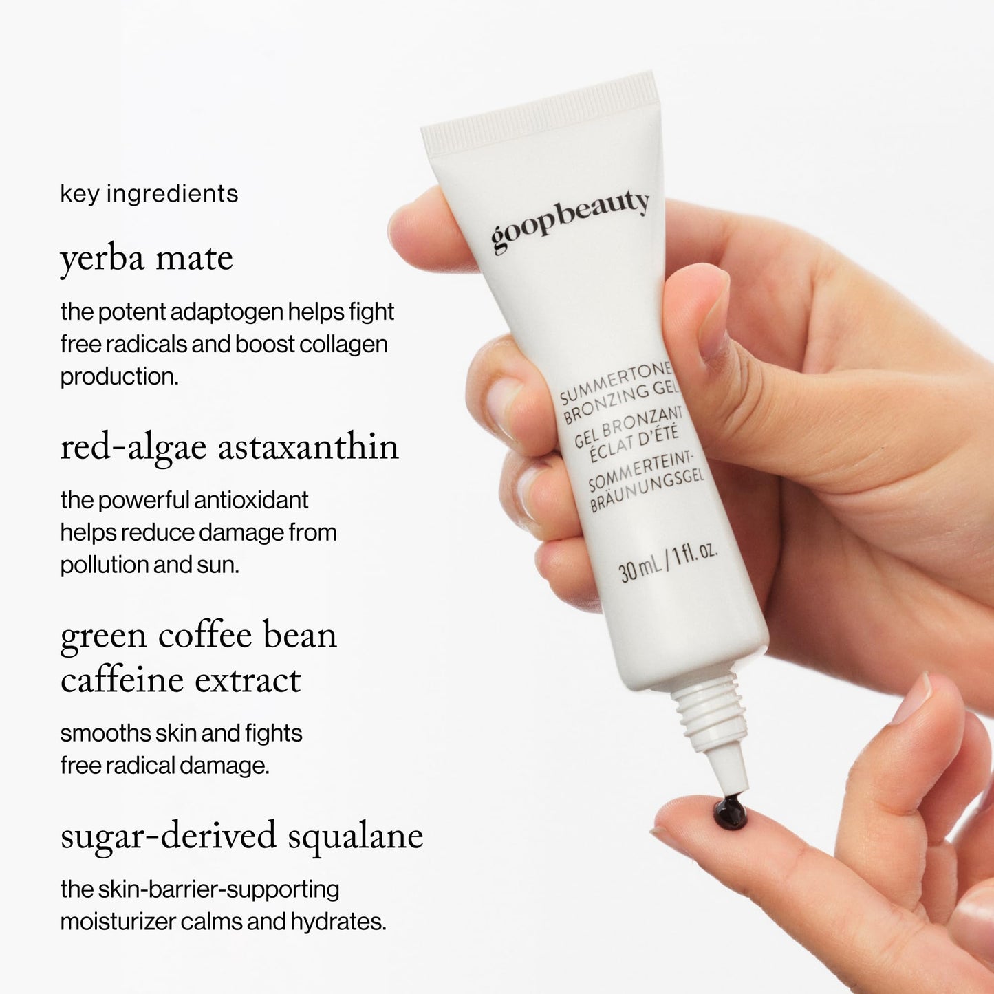 Goop Beauty sun kissed bronzer gel being swatched on the back of a hand to show texture.