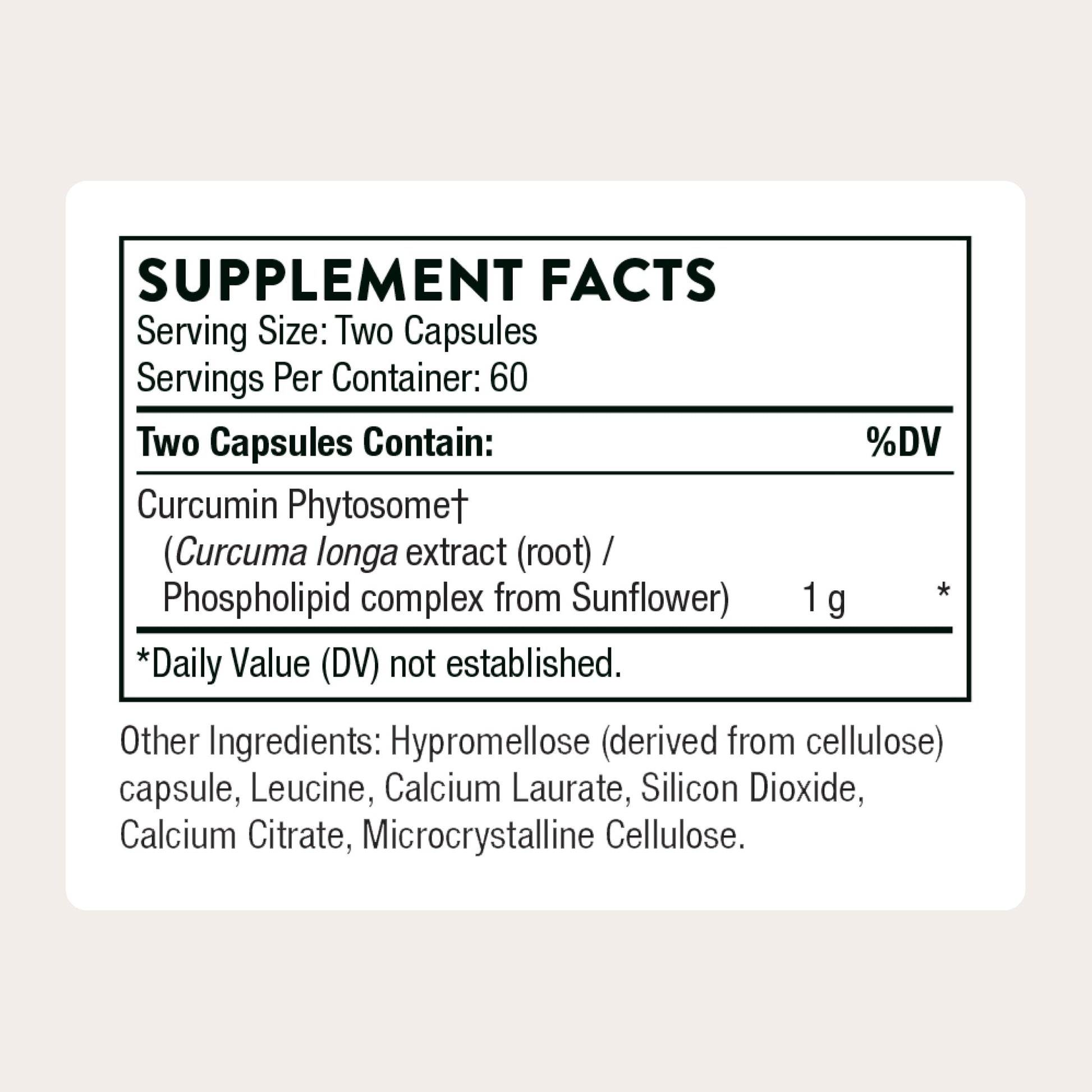 Thorne Curcumin Phytosome supplement bottle side view showing ingredients