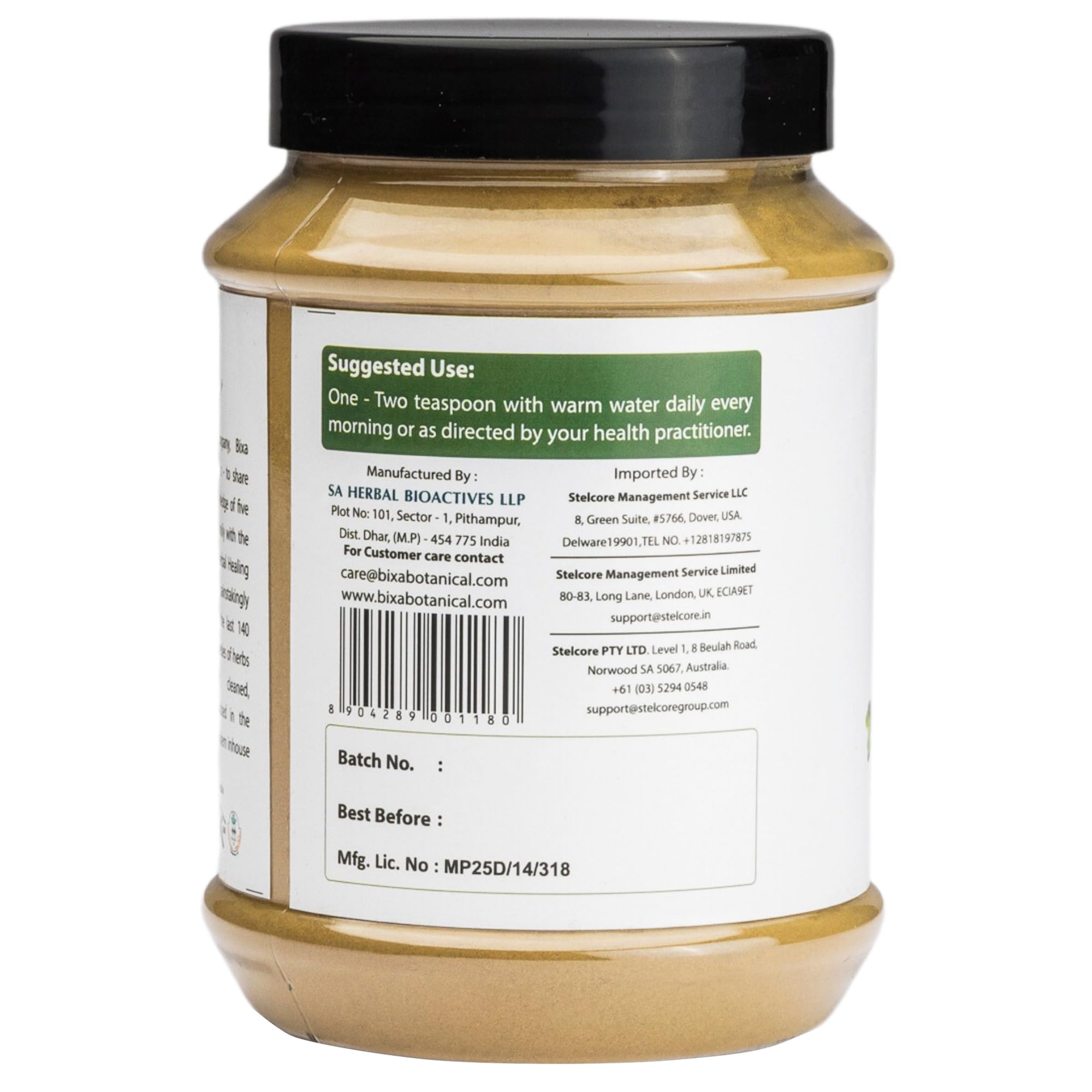 Bixa Botanical Brahmi powder back label showing Ayurvedic ingredient details and nutritional facts