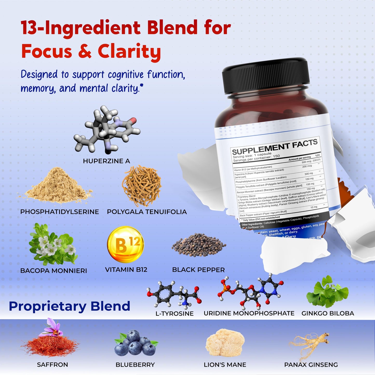 Premium brain health formula showing key ingredients like Bacopa Monnieri and Lion's Mane
