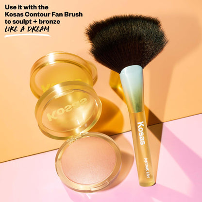 Luminous sun-kissed finish makeup bronzer compact showing gold toned base packaging