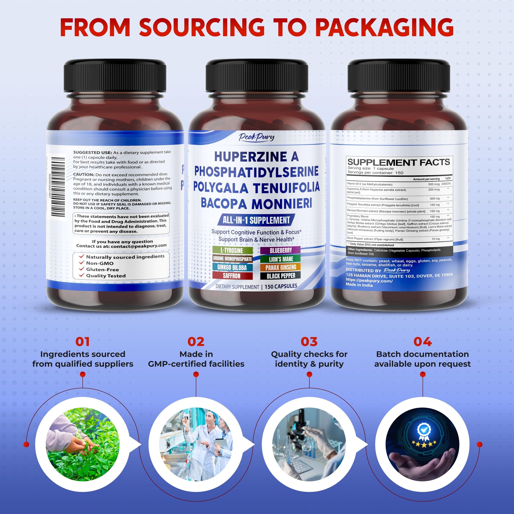 PEAKPURY premium nootropic capsules displayed next to its original USA packaging