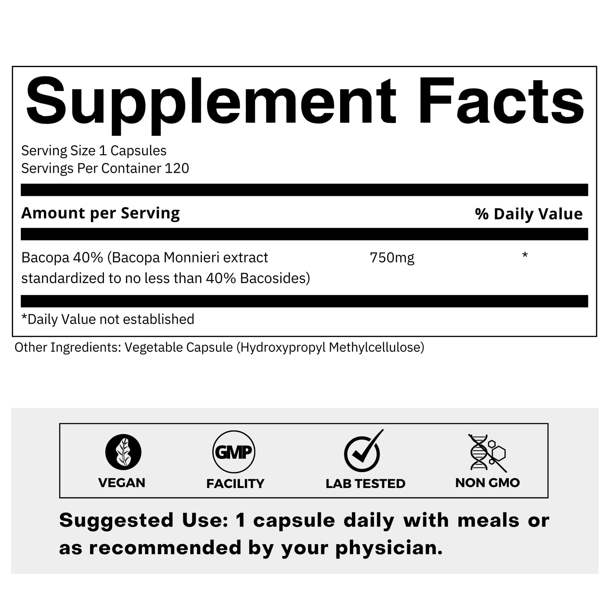 Folius Labs Brahmi 750mg capsules supplement facts and 40 percent bacosides standardization details
