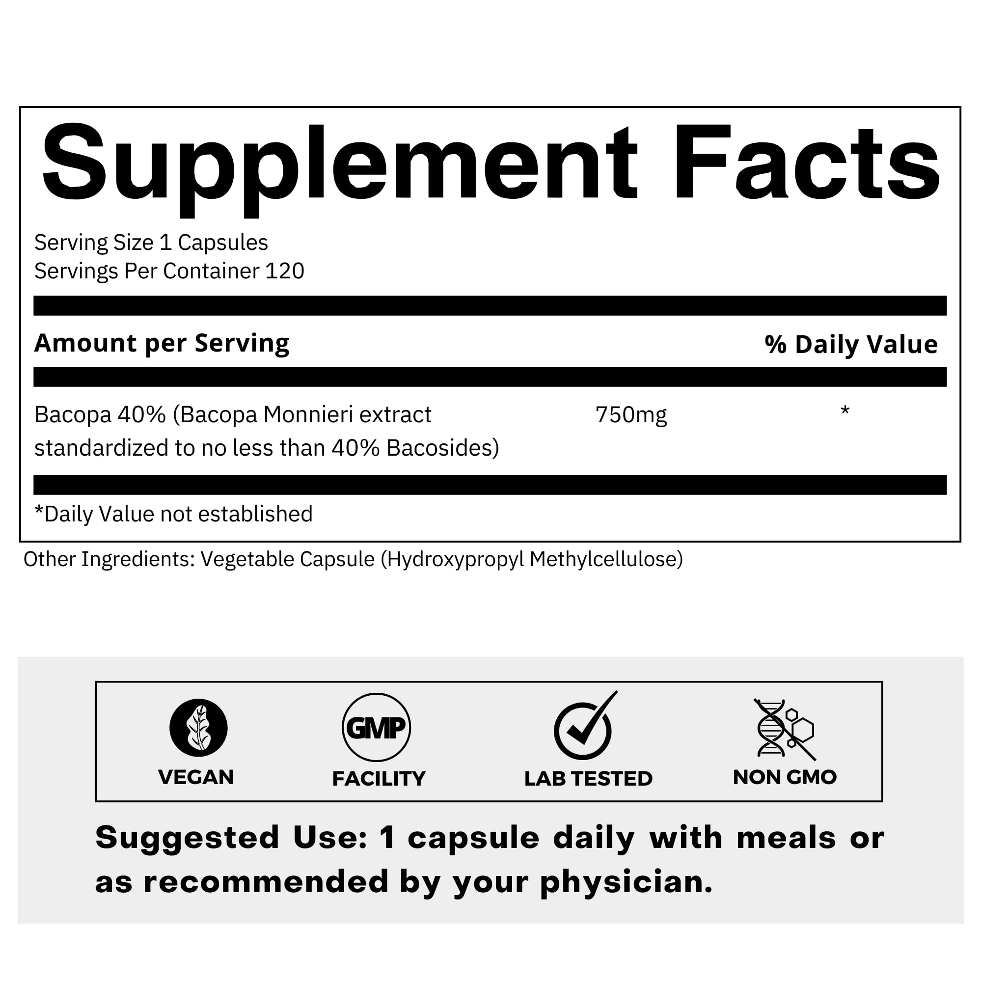 Folius Labs Brahmi 750mg capsules supplement facts and 40 percent bacosides standardization details