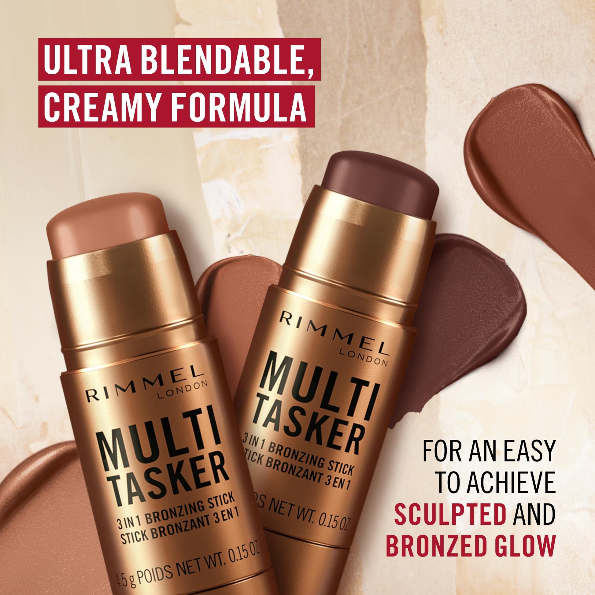 Rimmel multi-use face sculpting stick showcasing the shade 002 Medium color on a clean background.