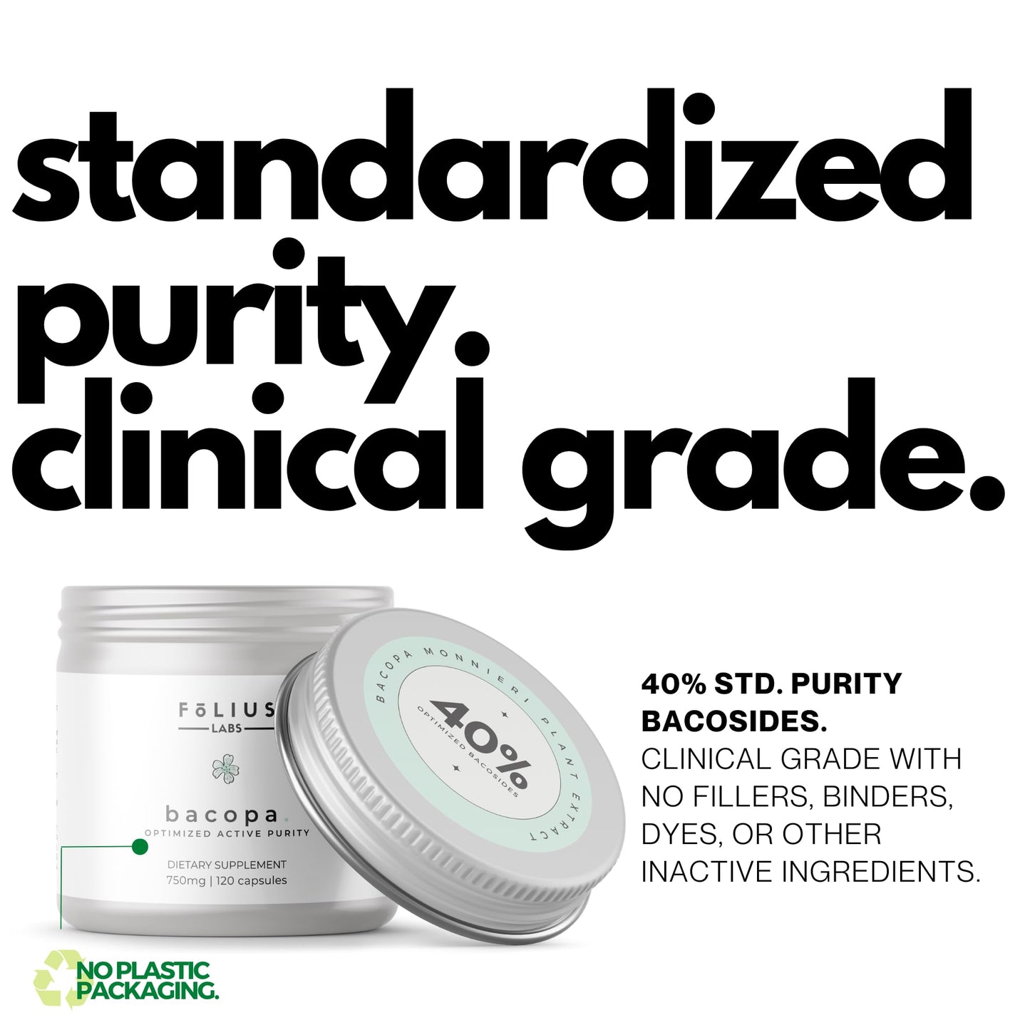 Folius Labs Bacopa Monnieri 60 vegan capsules packaging highlighting clean formula and zero fillers