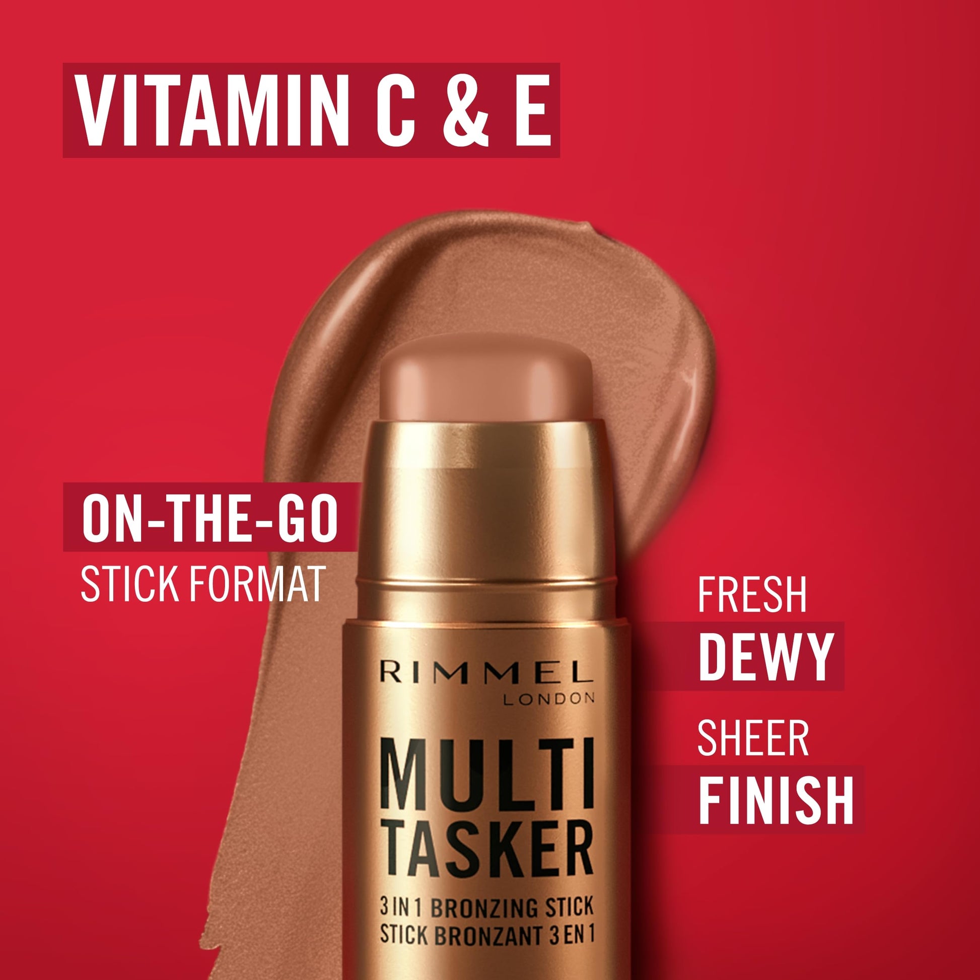 Close-up view of the Rimmel London vegan bronzing stick highlighting the ingredient callouts for Vitamin C and E.