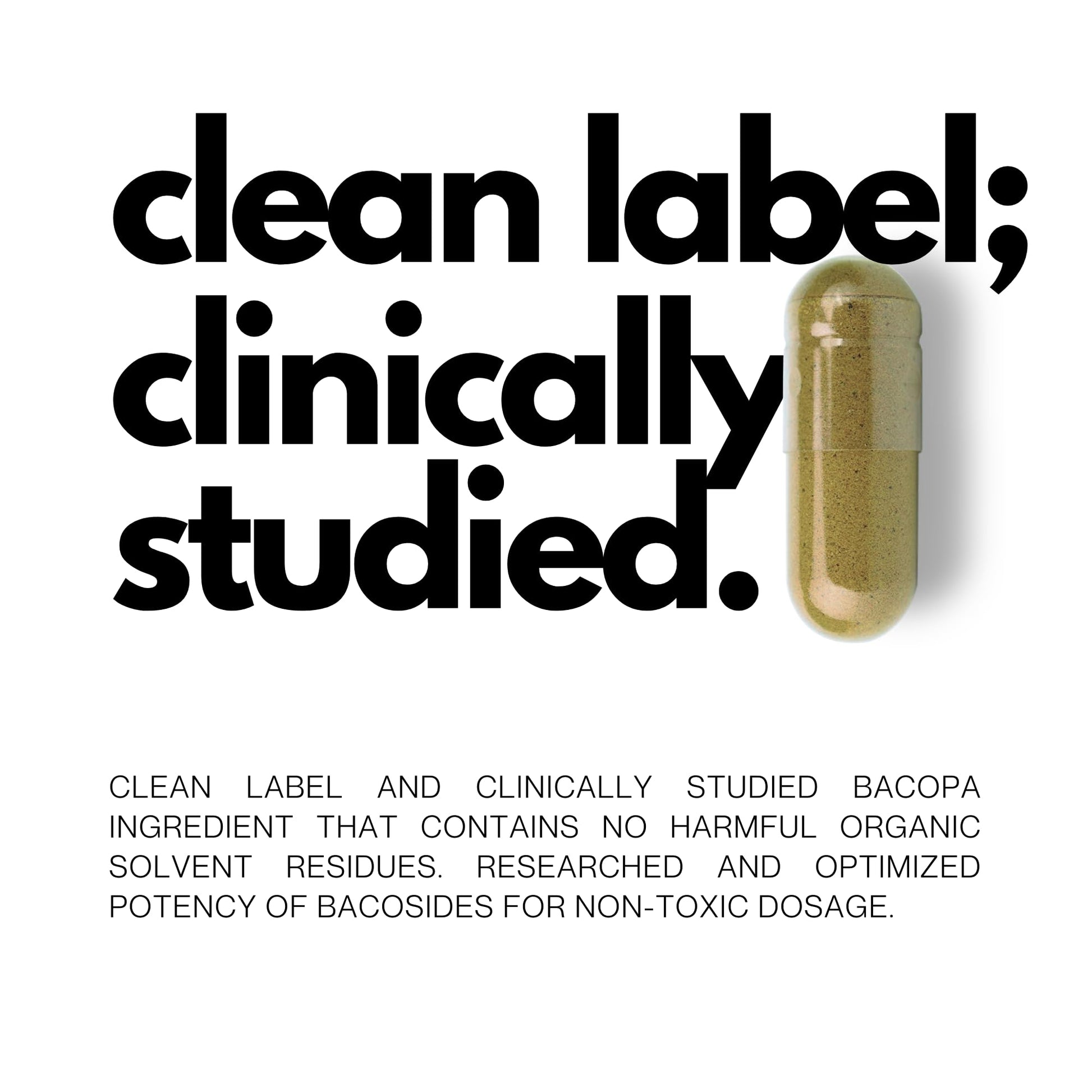 Side angle of Folius Labs Bacopa 750mg brain health supplement showing non GMO and vegan icons