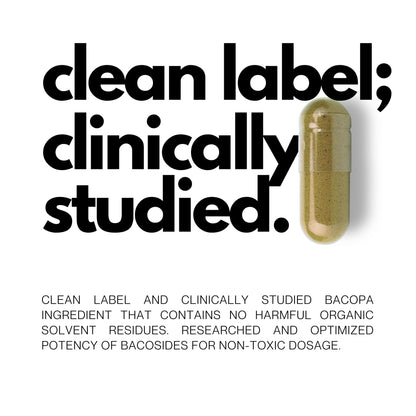 Side angle of Folius Labs Bacopa 750mg brain health supplement showing non GMO and vegan icons