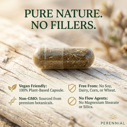 Perennial PMS and period relief supplement packaging with Vitex and Dong Quai details
