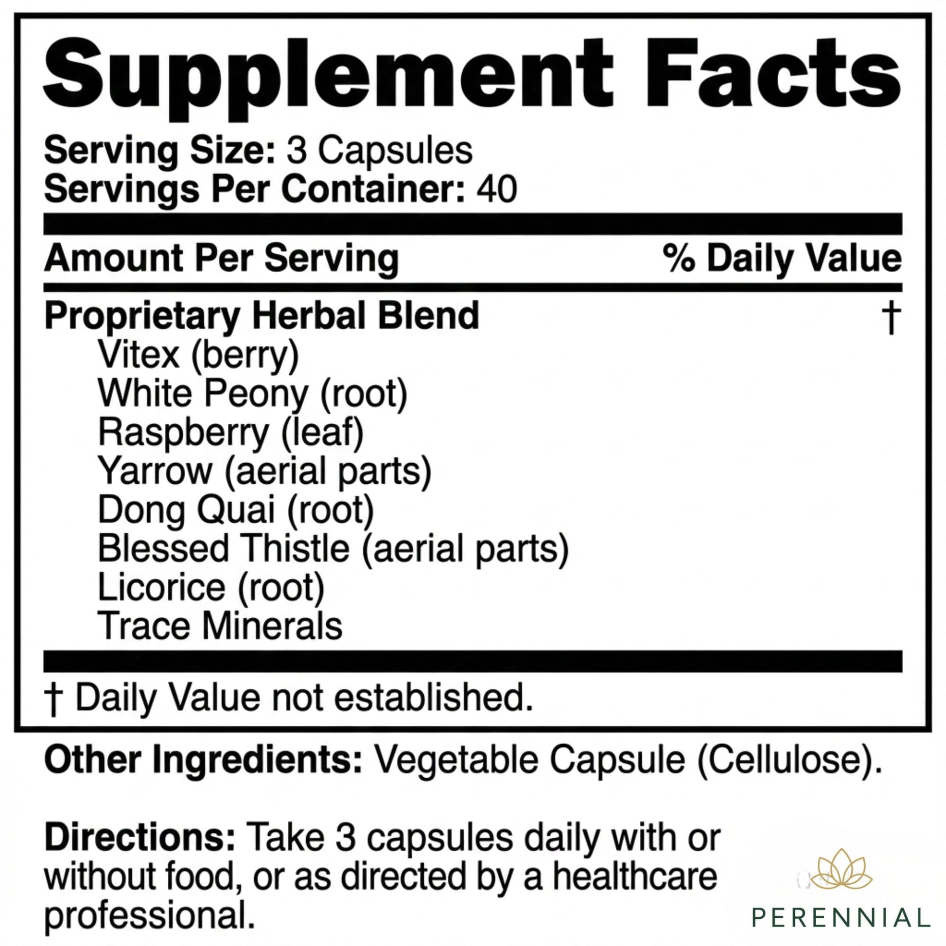 Perennial herbal wellness supplement capsule size and silver bottle design reference