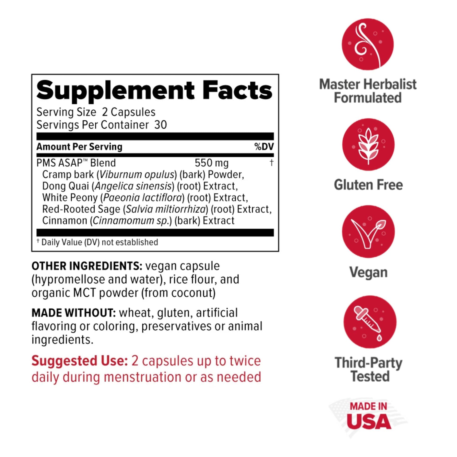 Redd Remedies menstrual supplement packaging displaying cramp bark and dong quai ingredients