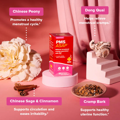 Side view of herbal PMS relief bottle showing supplement facts and clean formulation details