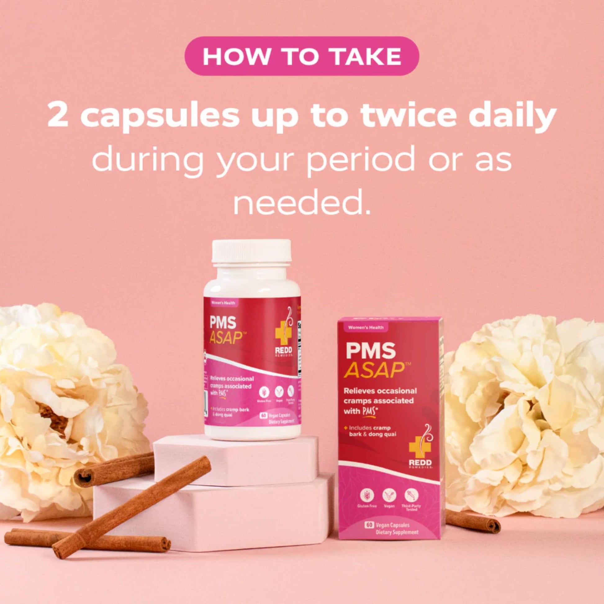Redd Remedies fast acting menstrual cramp relief product displaying the gluten free and vegan seal