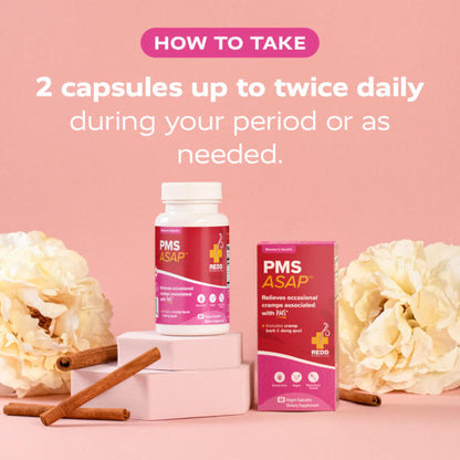 Redd Remedies fast acting menstrual cramp relief product displaying the gluten free and vegan seal