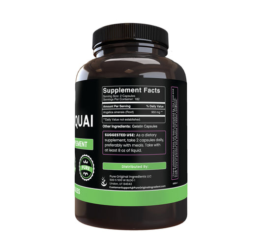 Pure Original Ingredients Dong Quai root extract supplement bottle showing clear ingredient list.