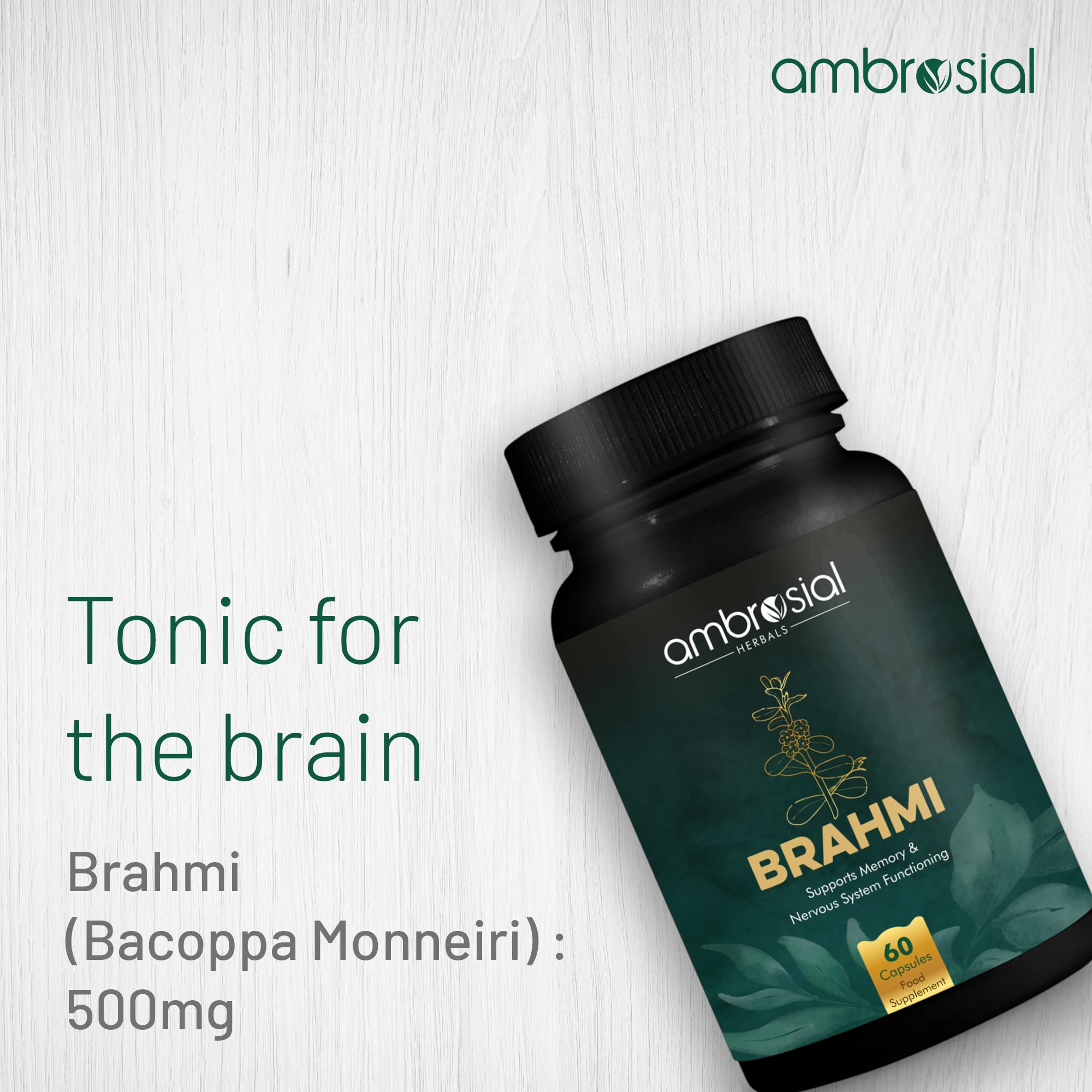 Ambrosial Brahmi 60 vegan capsules bottle nutritional information label
