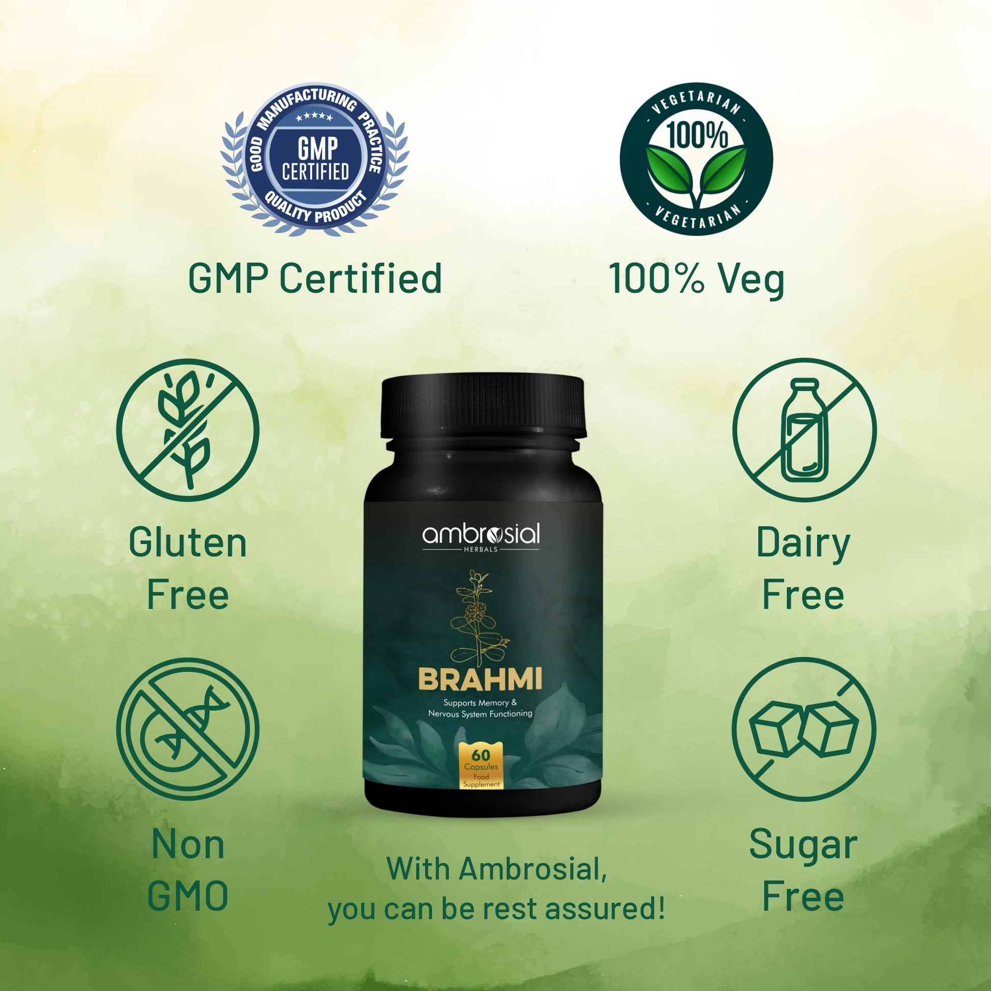 Authentic imported Ambrosial Brahmi brain health capsules product display