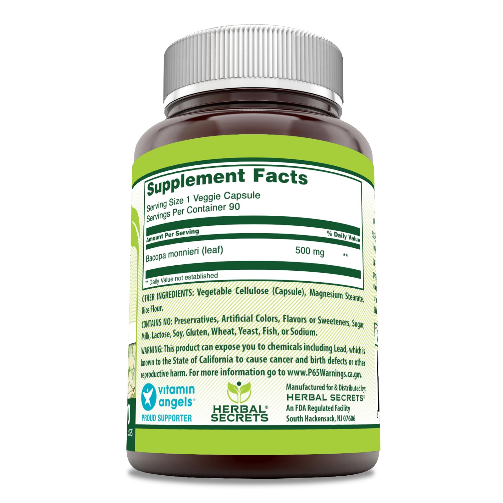 Herbal Secrets Bacopa Monnieri Brahmi capsules label view showing dietary specifications