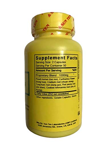 Side view of Seven Forests Tao Hong Si Wu Tang herbal supplement label detailing the concentrated five to one extract ratio