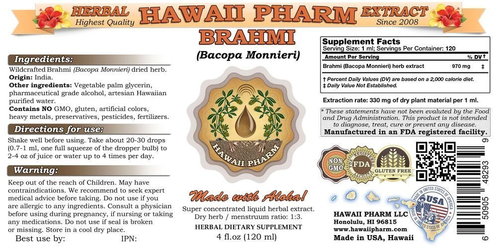 Hawaii Pharm Bacopa Monnieri liquid tincture herbal supplement bottle with dropper cap