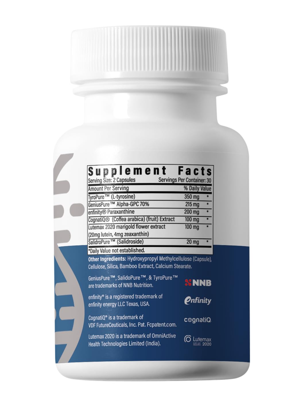 Advanced Bionutritionals BrainAMP focus and memory supplement label showing premium paraxanthine and alpha-GPC ingredients.